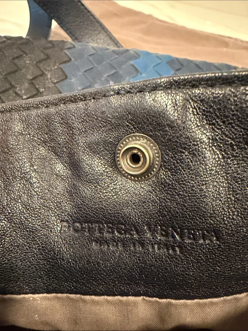 Bottega Veneta Men's Woven Leather Blue & Black Napa Intrecciato Bag